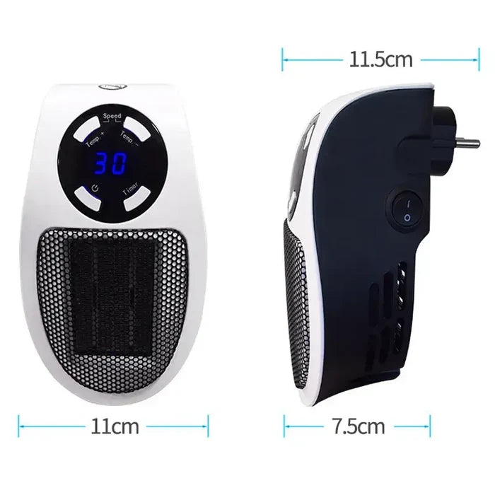 500W Fan Heater Mini Electric Space Heater with CE Certification, Model MUG-16, showcasing compact design and dimensions.