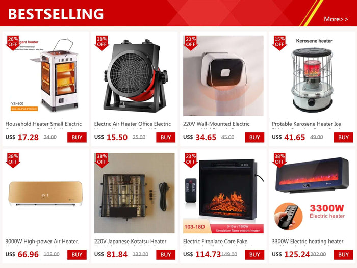 Bestselling electric heaters selection including models like 500W Fan Heater, portable and wall-mounted options with discounts.