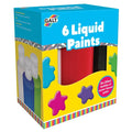 Blue and yellow box for Galt 6 Liquid Paints with colorful splats and a window showing a red bottle inside.