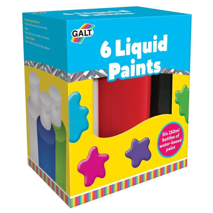 Blue and yellow box for Galt 6 Liquid Paints with colorful splats and a window showing a red bottle inside.