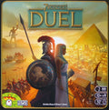 Square board game box art with a Greek warrior and Egyptian woman back-to-back before golden pyramids at sunset.