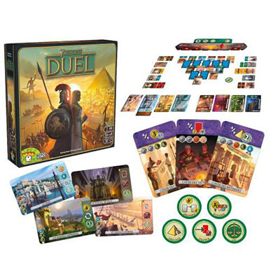 7 Wonders Duel board game box with Greco-Roman art, colorful playing cards, and circular green tokens.