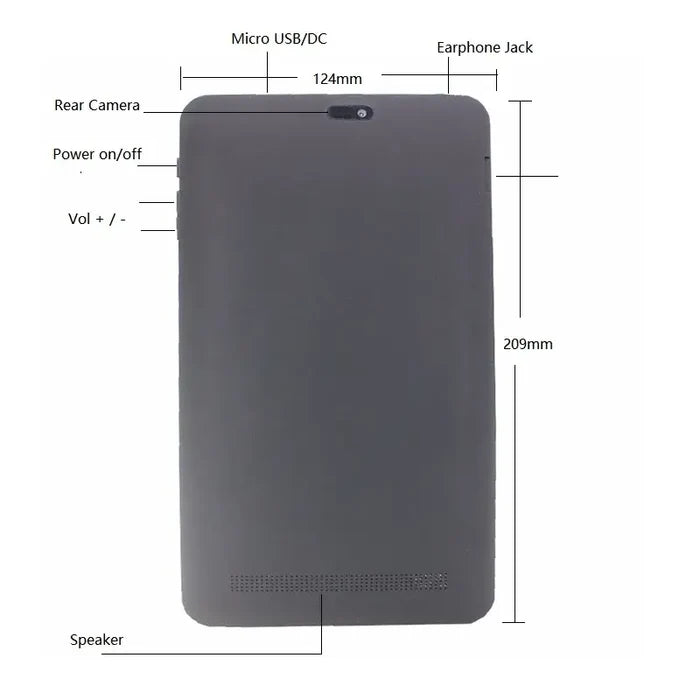 Back view of 8 INCH AR1 Windows 10 Tablet 2GB RAM 32GB showing dimensions and features like rear camera and speaker ports.