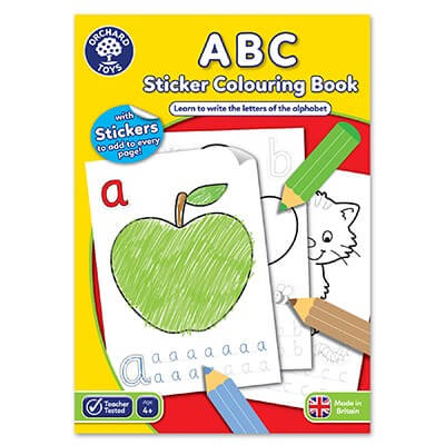 Yellow ABC Sticker Colouring Book cover showing a green apple, tracing practice letters, and colored pencils.