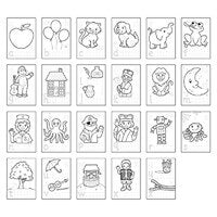 Black and white grid of lowercase letters a to z and simple line art illustrations for children to color.