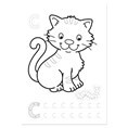 Black and white coloring page featuring a cartoon kitten, the letter C, and word tracing exercises.