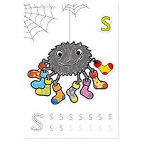 A grey spider wearing eight colorful patterned socks on a letter S coloring and tracing activity page.