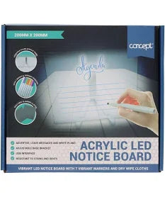 Blue and white box for a 200mm square Acrylic LED Notice Board showing a hand writing on a glowing clear board.
