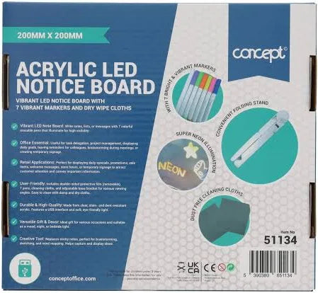 Blue and white box for a square light-up notice board showing colorful markers, a folding stand, and neon drawings.
