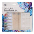 15-piece paint kit box with marble accents, 8 colorful paint tubes, 6 wooden brushes, and a white plastic palette.