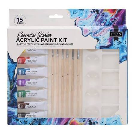 15-piece paint kit box with marble accents, 8 colorful paint tubes, 6 wooden brushes, and a white plastic palette.