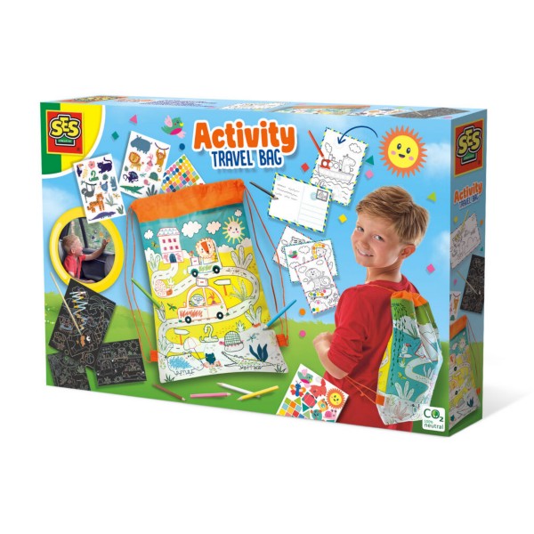 SES Activity Travel Bag box featuring a boy with a colorful drawstring backpack, stickers, and coloring accessories.