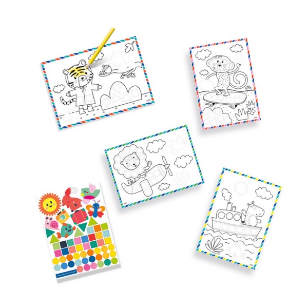 Four animal-themed coloring cards, a yellow pencil, and a sheet of colorful stickers featuring shapes and animals.