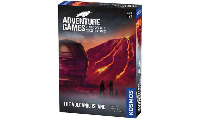 Rectangular game box featuring a volcanic mountain with glowing orange lava, an observatory, and small silhouettes.