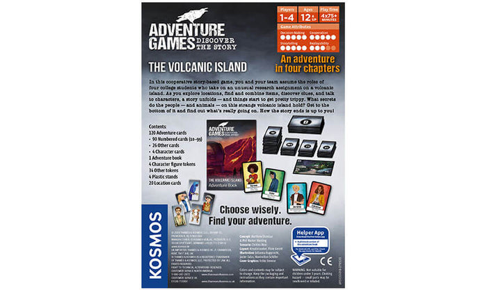 Back of board game box showing gameplay details, component list, and images of cards and tokens on a dark background.