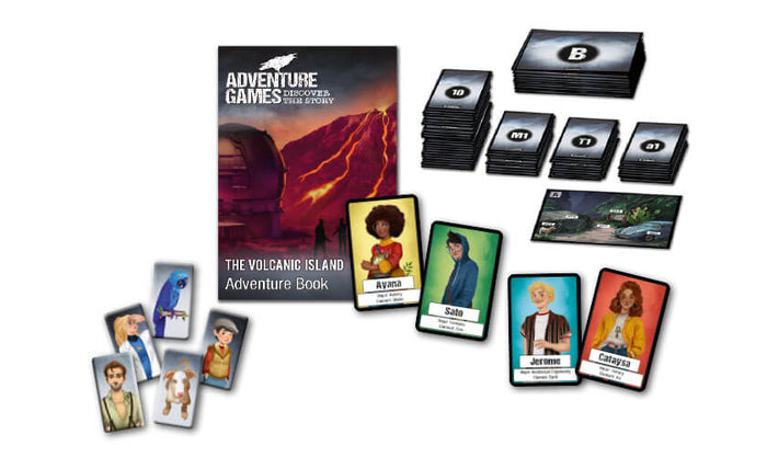 Adventure book with volcano art, four character cards, and several stacks of black numbered cards on a white background.