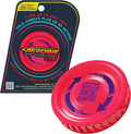 Bright pink circular flying disc with purple arrows and QR code next to blue and yellow retail packaging.