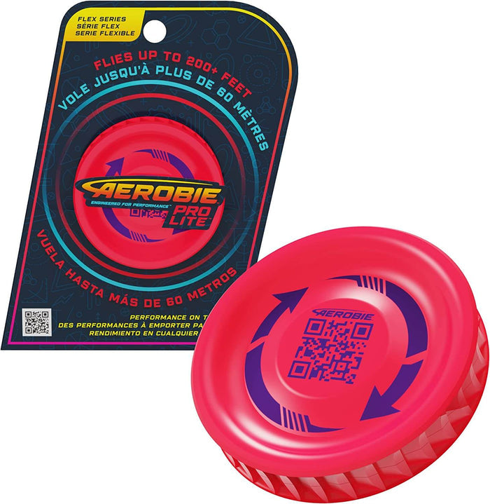 Bright pink circular flying disc with purple arrows and QR code next to blue and yellow retail packaging.