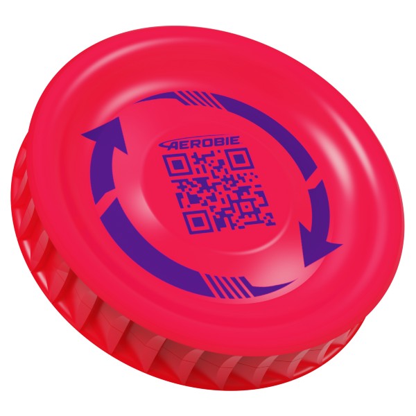 Bright pink circular flying disc with purple arrow graphics, a QR code pattern, and a textured ribbed edge.