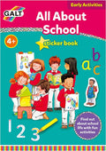 Pink and teal sticker book cover with kids painting and reading, featuring large letters, numbers, and a 4+ age badge.