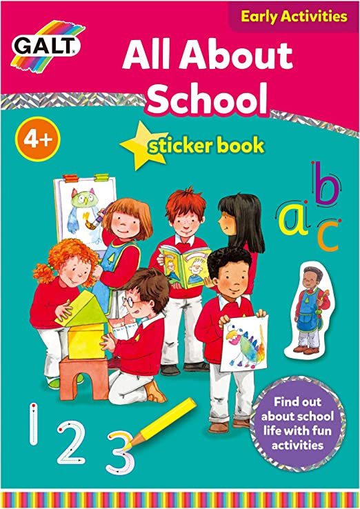 Pink and teal sticker book cover with kids painting and reading, featuring large letters, numbers, and a 4+ age badge.