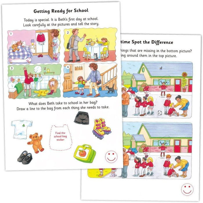 Two illustrated activity book pages featuring school-themed stories, matching games, and spot the difference challenges.