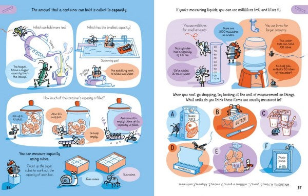 Colorful children's book spread with cartoon insects teaching liquid capacity and volume through playful illustrations.