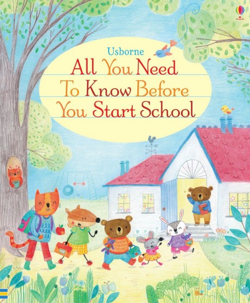 Whimsical pencil-style book cover with animal characters walking to school under a large yellow oval title background.
