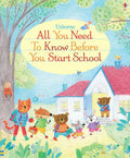 Whimsical pencil-style book cover with animal characters walking to school under a large yellow oval title background.