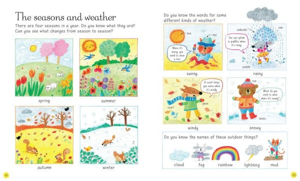 Colorful children's book spread illustrating the four seasons and types of weather with cute animal characters.