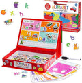 Red magnetic easel box with colorful alphabet letters, animal magnets, activity sheets, and a marker.