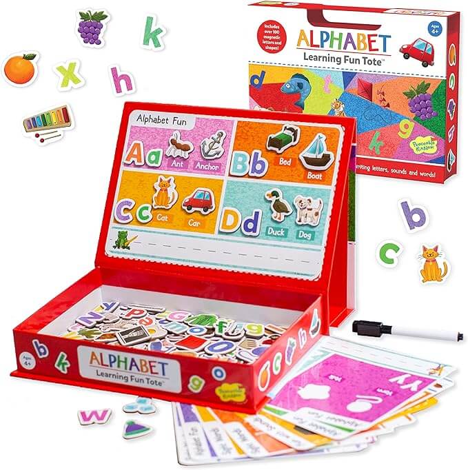 Red magnetic easel box with colorful alphabet letters, animal magnets, activity sheets, and a marker.