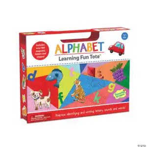 Red and white toy box with handle, featuring colorful letters and illustrations of a dog, fish, tiger, and grapes.