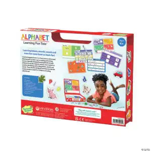Red and white box for Alphabet Learning Fun Tote showing magnetic letters, activity sheets, and a child playing.