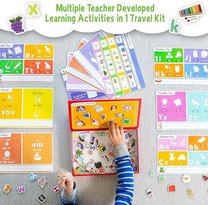 Educational learning kit with colorful alphabet cards, word activities, and a red storage box of magnetic pieces.