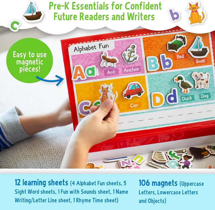 Child placing magnets on a red case with colorful alphabet sheets and 106 letter and object magnetic pieces.