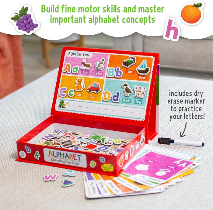 Red magnetic activity case with an easel lid, colorful alphabet tiles, dry-erase marker, and learning cards.