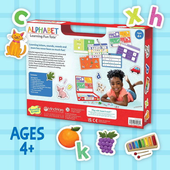 Red educational toy box with magnets and worksheets, surrounded by colorful floating letters, fruit, and a xylophone.