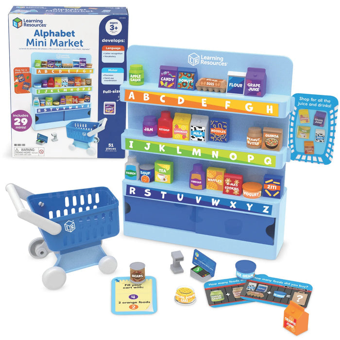 Blue toy grocery stand with alphabet shelves, a blue shopping cart, and miniature food items labeled A through Z.