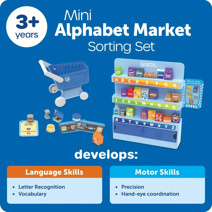 Mini Alphabet Market Sorting Set toy for children aged 3 and up, featuring a blue shopping cart, alphabet market display shelves with colorful toy groceries, and sorting boards on a blue background with text highlighting language and motor skill development.