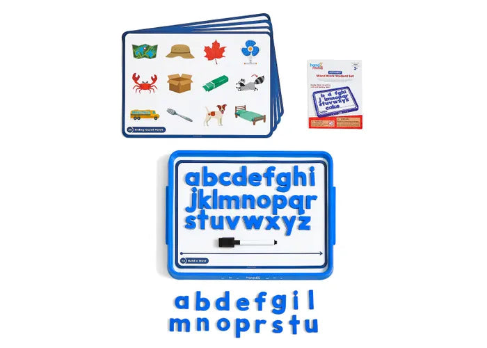 Blue magnetic letters on a white tray with picture activity cards, a dry-erase board, and a marker.
