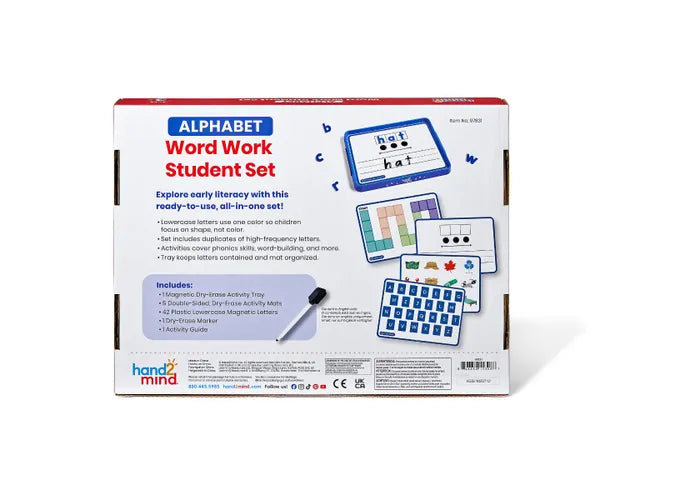 Back of a white box showing a blue magnetic tray, lowercase letter tiles, activity mats, and a dry-erase marker.
