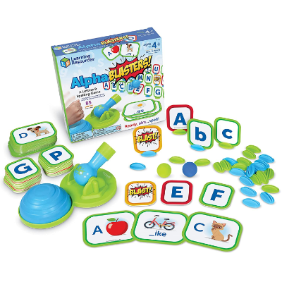 Spelling game with a blue air-powered launcher, colorful letter and picture cards, and soft foam balls.