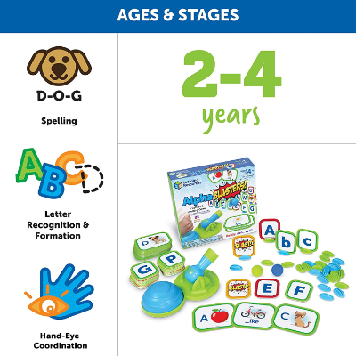 Ages 2-4 infographic with a blue launcher, letter tiles, cards, and icons for spelling and hand-eye coordination.