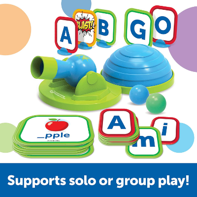 Blue air pump ball launcher with colorful alphabet targets and picture cards for spelling practice.