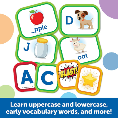Colorful spelling cards with letters, words with blanks, and illustrations of an apple, dog, jar, and goat.
