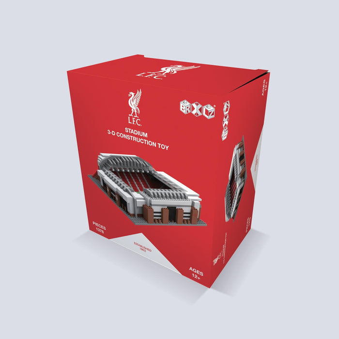 Red box for a Liverpool FC 3D stadium construction toy featuring a model built with white, grey and red bricks.