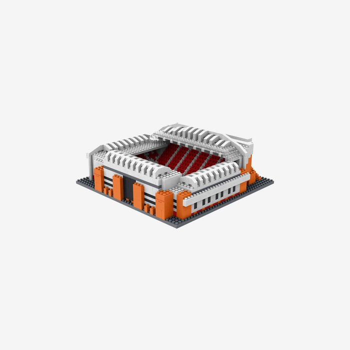 Miniature building block stadium with red interior seats, white arched roofs, and orange brick walls on a grey base.