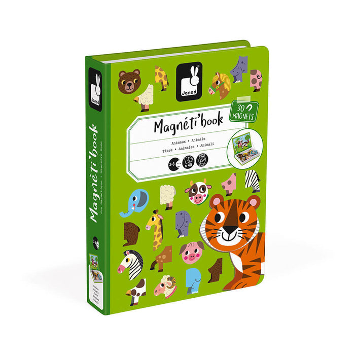 Green book-shaped toy box featuring a large tiger and colorful magnetic animal pieces on the cover.