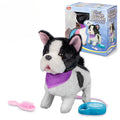 Black and white plush French Bulldog toy in a purple bandana, with pink brush, blue leash, and illustrated box.